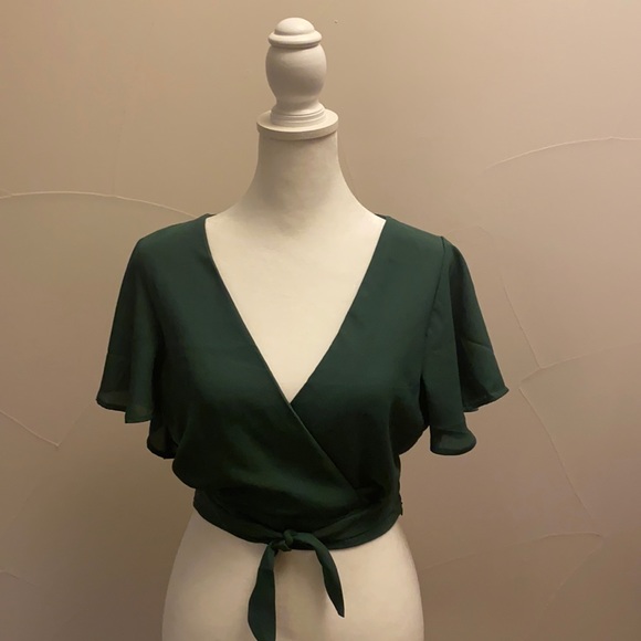 Love Tree Green Crossover Crop Top with Butterfly Sleeves - Picture 1 of 8